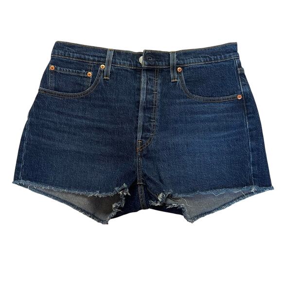 Levi’s 501 Shorts Womens 31 Blue Dark Denim High Cut Off Distressed Jean Button - Picture 1 of 7